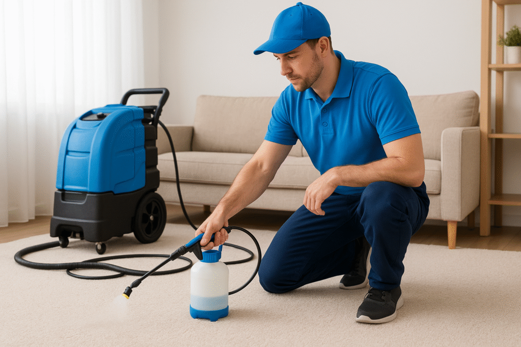 Professional carpet cleaner in blue uniform pre-spraying carpet, carpet cleaning machine in the background, horizontal photo.