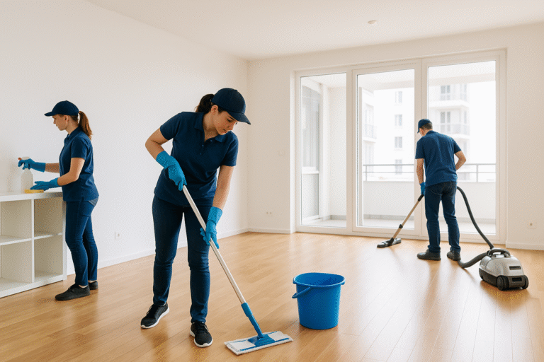 Three professional cleaners in navy uniforms deep‑clean an empty, sunlit Perth apartment—mopping, vacuuming and wiping shelves for an end‑of‑lease bond clean.