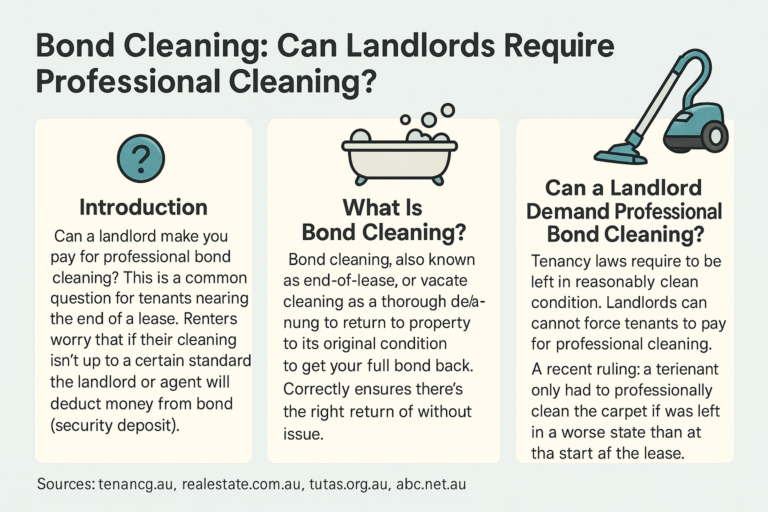 Horizontal infographic explaining bond cleaning rules in Australia, covering tenant rights, the definition of bond cleaning, and when landlords can require professional cleaning.