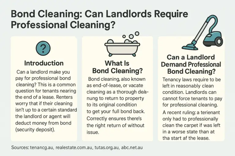 Horizontal infographic explaining bond cleaning rules in Australia, covering tenant rights, the definition of bond cleaning, and when landlords can require professional cleaning.