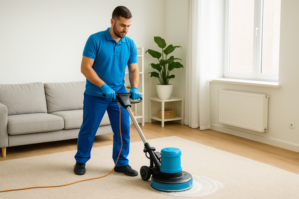 Professional male carpet cleaner in a blue uniform using a rotary machine on a beige carpet in a bright, modern living room.
