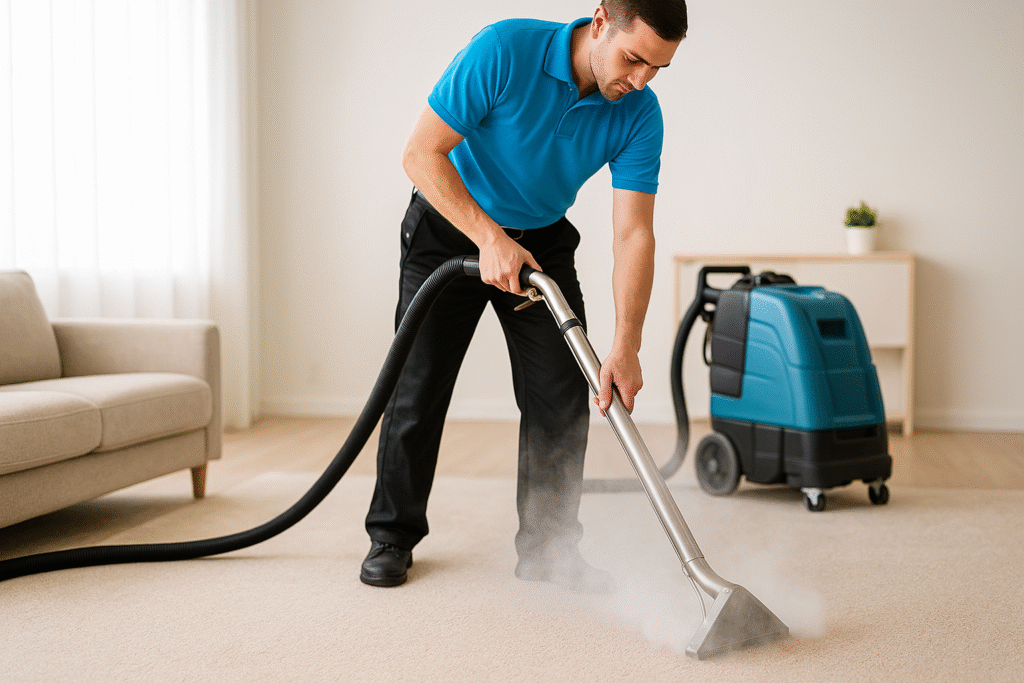 A professional cleaner in a blue shirt and black pants uses a stainless steel hot water extraction wand with steam rising from where it touches the beige carpet, while a modern carpet cleaning machine stands in the background of a bright living room.