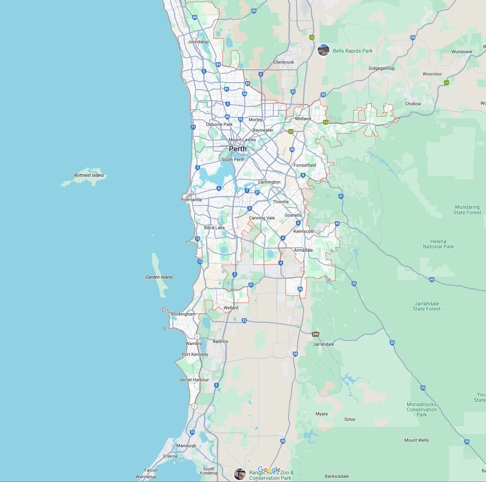Perth service area map showing coverage from Joondalup to Mandurah