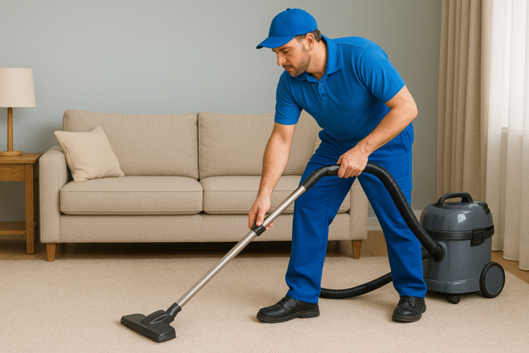 Professional carpet cleaner in blue uniform vacuuming a living room carpet with a vacuum cleaner.