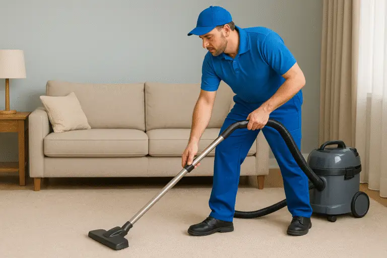 Professional carpet cleaner in blue uniform vacuuming a living room carpet with a vacuum cleaner.