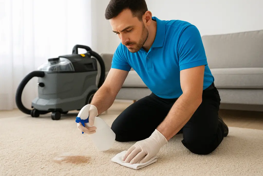 Majestic Cleaning Pros technician in a blue shirt and black pants applies spot cleaning chemical to a large carpet stain in a Perth home.