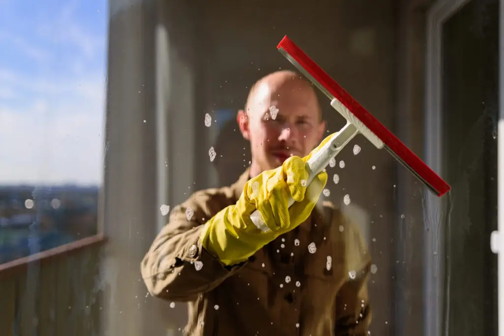 A Majestic Cleaning Pros window cleaner in yellow gloves uses a squeegee to clean a large glass window, ensuring a spotless, streak-free finish in a Perth property.