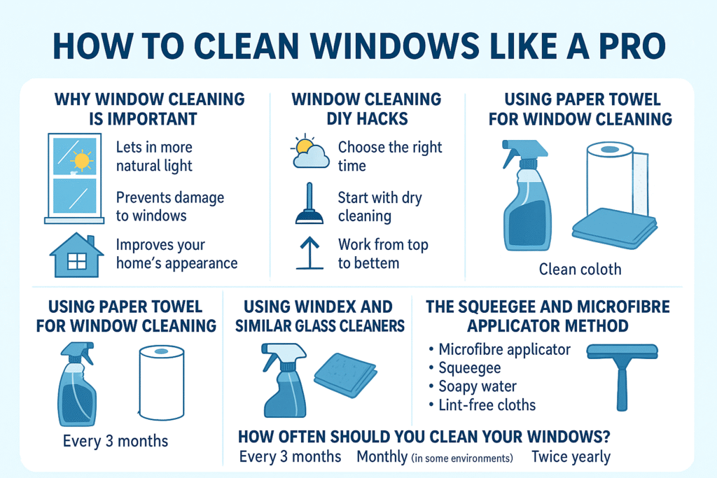 Horizontal infographic showing key tips for cleaning windows like a professional, including why window cleaning is important, DIY hacks, paper towel use, Windex and glass cleaner methods, and the squeegee with microfibre applicator technique.