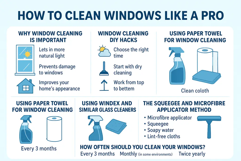 Horizontal infographic showing key tips for cleaning windows like a professional, including why window cleaning is important, DIY hacks, paper towel use, Windex and glass cleaner methods, and the squeegee with microfibre applicator technique.