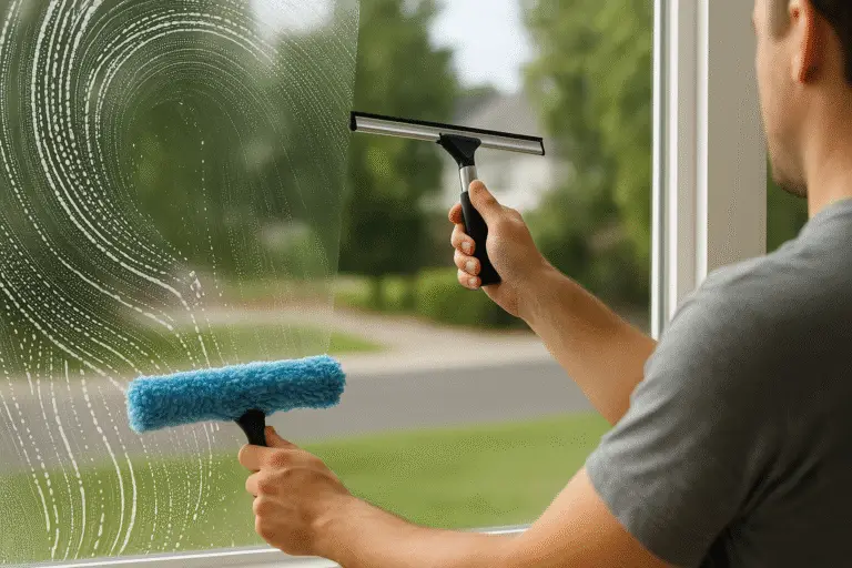 Close-up of a person cleaning a window using a squeegee in one hand and a blue microfibre applicator in the other, with soapy water on the glass and a blurred suburban background.