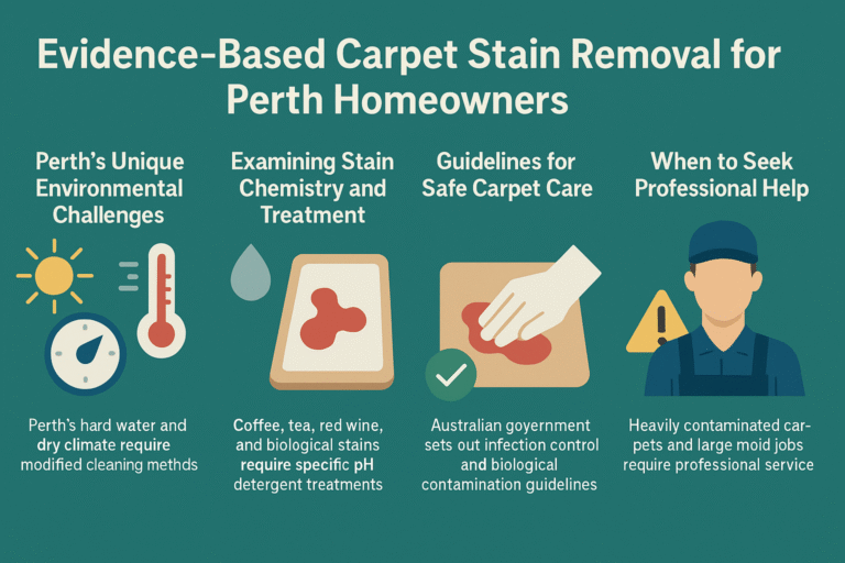 Infographic explaining evidence-based carpet stain removal methods for Perth homeowners, including environmental challenges, stain chemistry, safe cleaning practices, and when to seek professional help.