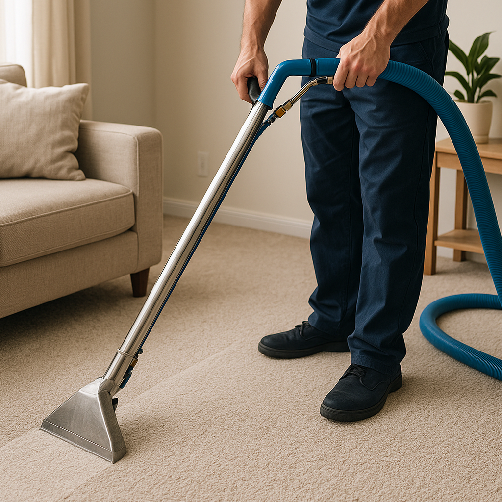 A professional cleaner uses a hot water extraction machine on a beige carpet in a modern Perth living room, showcasing expert cleaning and hygiene practices.