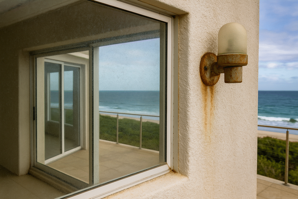 Coastal house overlooking the ocean with salt-etched window glass and lightly corroded metal light fixture, illustrating salt air effects near Perth’s shoreline.